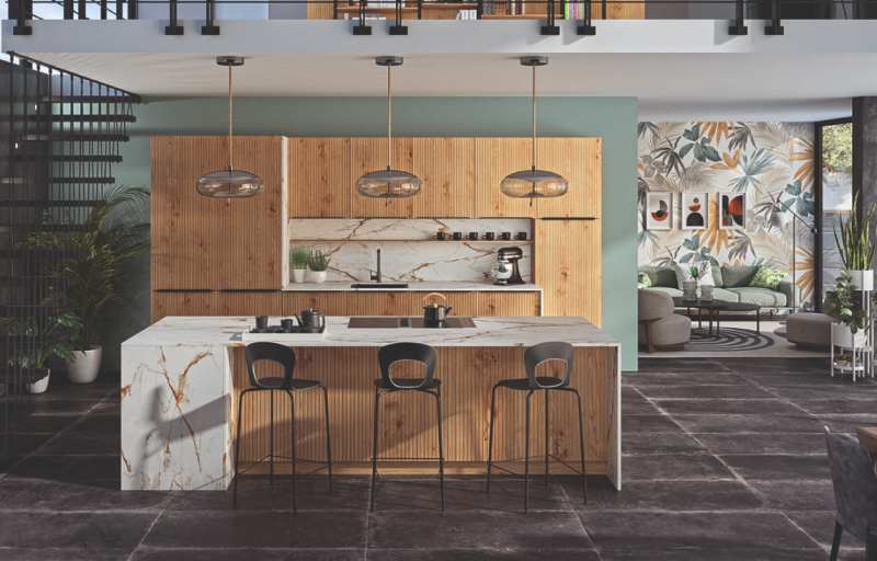 Cuisine équipée contemporaine avec plan de travail en céramique